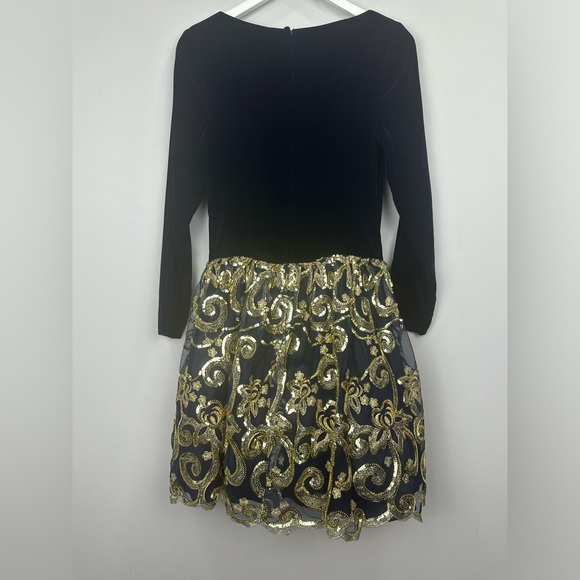 Jessica McClintock Navy Velvet Gold Sequins Long Sleeve Vintage Dress Size 4 - Picture 7 of 11